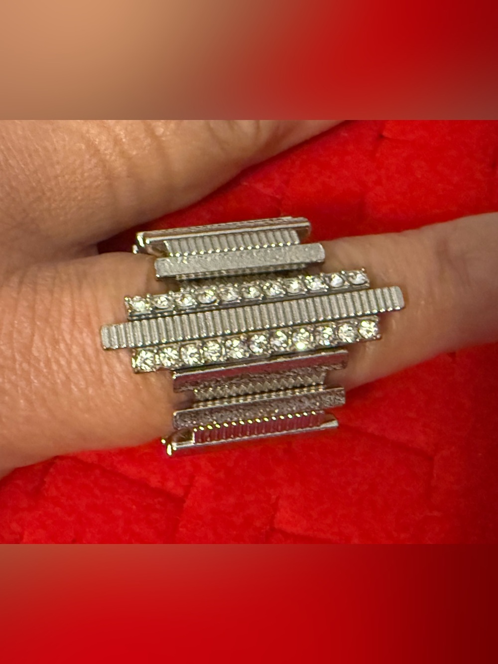 Vintage Silver Tone Crystal Bar Stack Stretch Ring Geometric Modernist